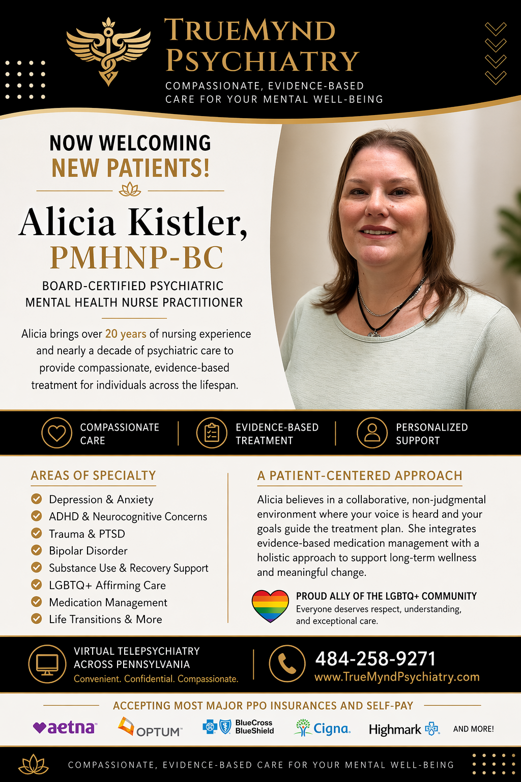 Alicia Kistler PMHNP-BC Psychiatric Nurse Practitioner Pennsylvania telepsychiatry provider TrueMynd Psychiatry offering mental health, addiction treatment and LGBTQ affirming care