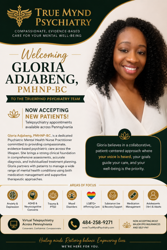 Professional headshot of Gloria Adjabeng PMHNP-BC, Psychiatric Mental Health Nurse Practitioner at TrueMynd Psychiatry in Pennsylvania.